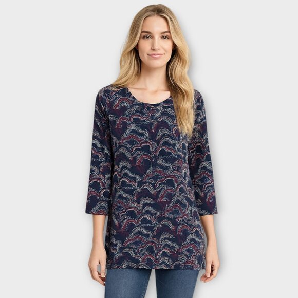 Express navy blue and red cloud print long-sleeve blouse high-low hem size L - Picture 1 of 8